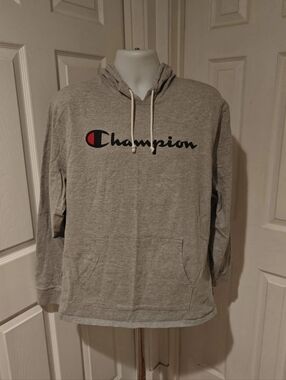 Champion Hoodie Logo Pullover Sweatshirt Light Gray XL Cotton Polyester Blend